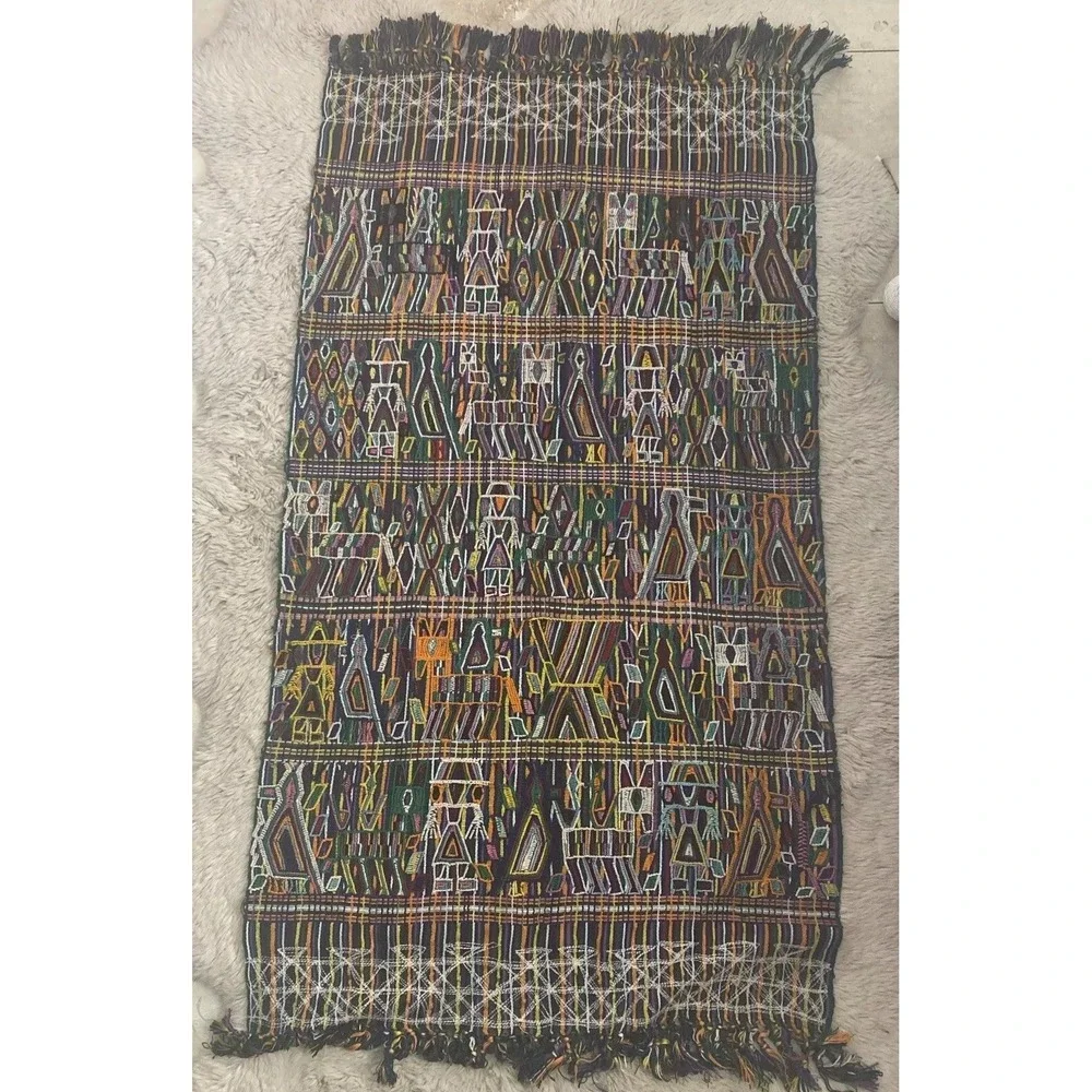 Guatemalan‎ Textile With Fringe Multicolor Fully Embroidered 55x28